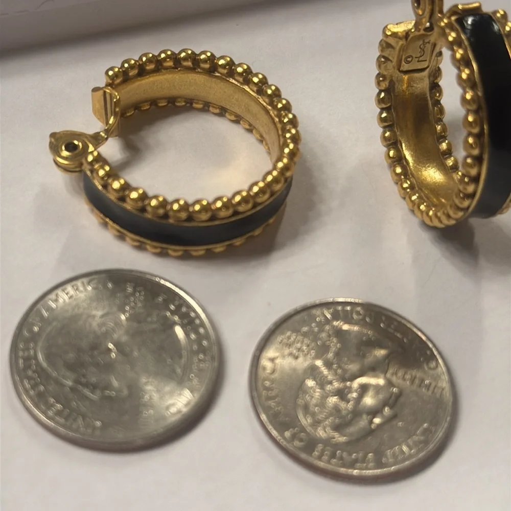 YSL VINTAGE YVES ST LAURENT black and gold clip on hoop earrings NEW CONDITION! - Picture 11 of 13